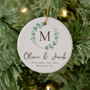 Eukalyptus Monogram First Christmas Wedding Foto Keramik Ornament