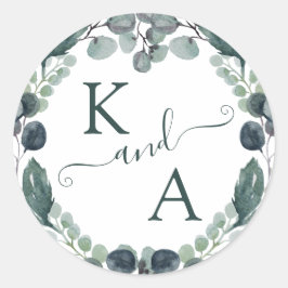 Eukalyptus Monogram Watercolor Wedding Runder Aufkleber