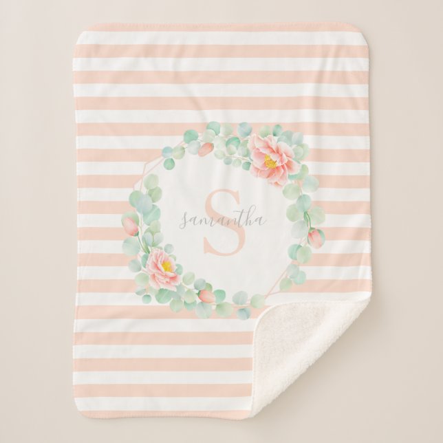 Eukalyptus-Monogramm-Blätter Blumenpfirsichstreife Sherpadecke (Vorderseite)