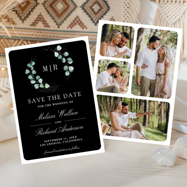 Eukalyptus-Monogramm-Fotocollage Schwarze Hochzeit Save The Date (Von Creator hochgeladen)