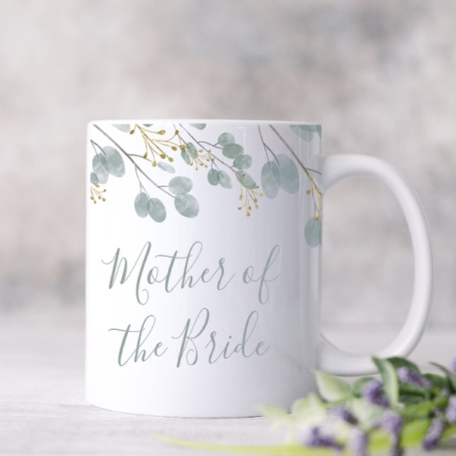 Eukalyptus Mutter der Braut Kaffeetasse (Mother of the Bride Coffee Mug decorated with eucalyptus and just a touch of gold. )