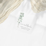 Eukalyptus-Namen Datum Liebe dank Script Hochzeit Quadratischer Aufkleber<br><div class="desc">Eukalyptus-Namen Datum Liebe dank Script Hochzeit. Elegante Aquarell-Eukalyptus-Blätter laufen von der oben links Seite ab. Personalisieren Sie einfach Ihre Namen und Ihr Wunschdatum.</div>