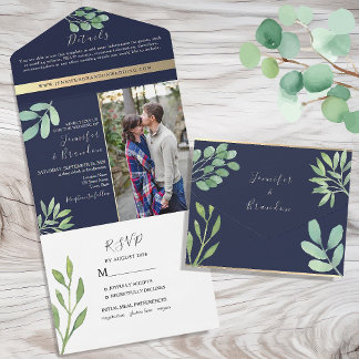 Eukalyptus Navy Blue Wedding All In One Einladung