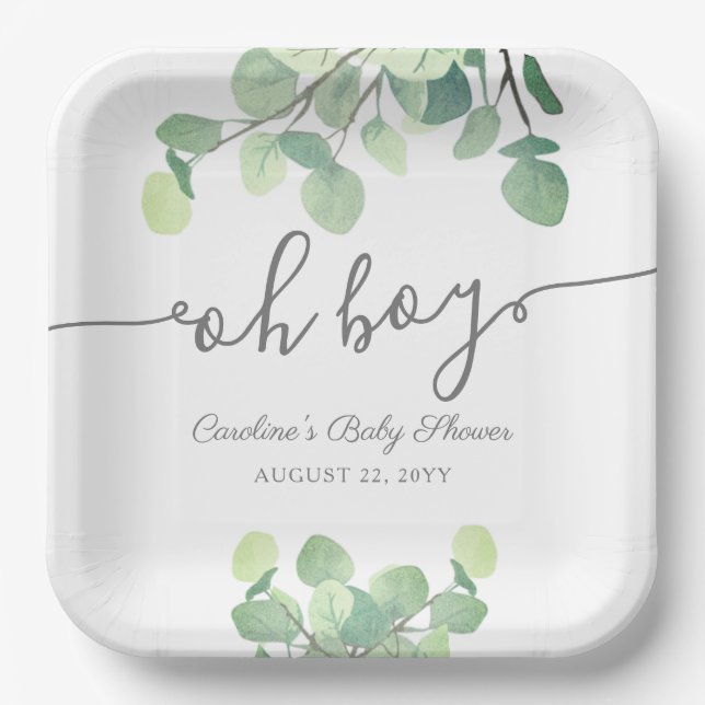 Eukalyptus Oh Boy Baby Shower Pape Pappteller (Vorderseite)