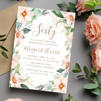 Eukalyptus Peach Gold Floral 60. 60. Geburtstag Einladung