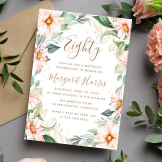 Eukalyptus Peach Gold Floral 80. Achtzig Geburtsta Einladung