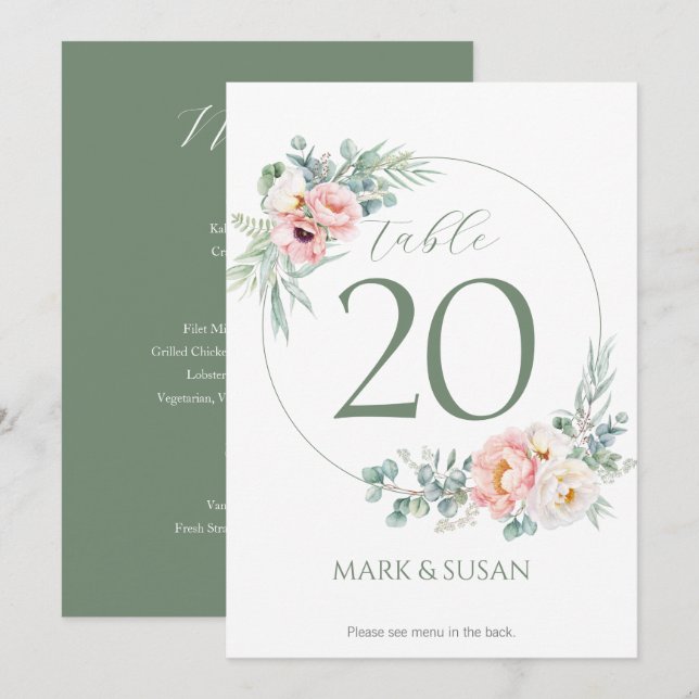 Eukalyptus Peonies Wedding Tischnummer & Menus (Vorne/Hinten)