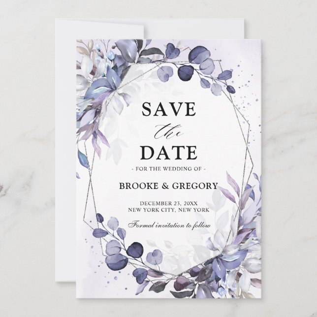 Eukalyptus Periwinkle Lila Geometric Wedding Save The Date (Vorderseite)