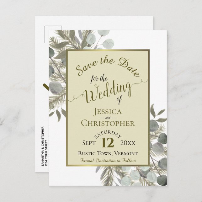 Eukalyptus & Pine Boho Gold Wedding Save the Date Ankündigungspostkarte (Vorne/Hinten)