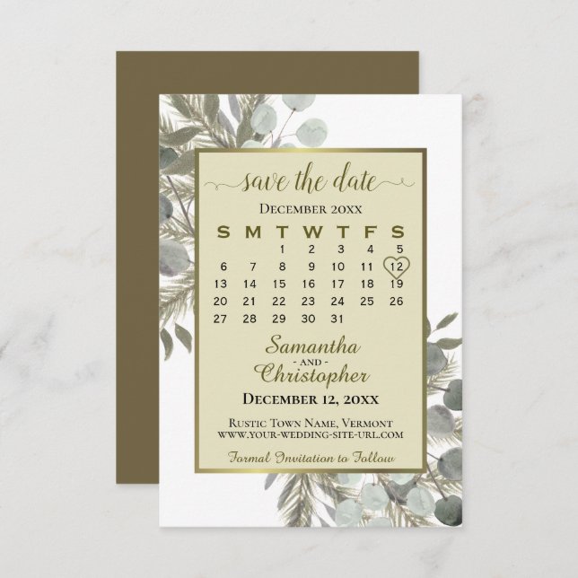 Eukalyptus Pine Calendar Gold Hochzeit Save The Date (Vorne/Hinten)