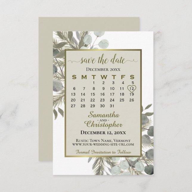Eukalyptus Pine Calendar Taupe Hochzeit Save The Date (Vorne/Hinten)