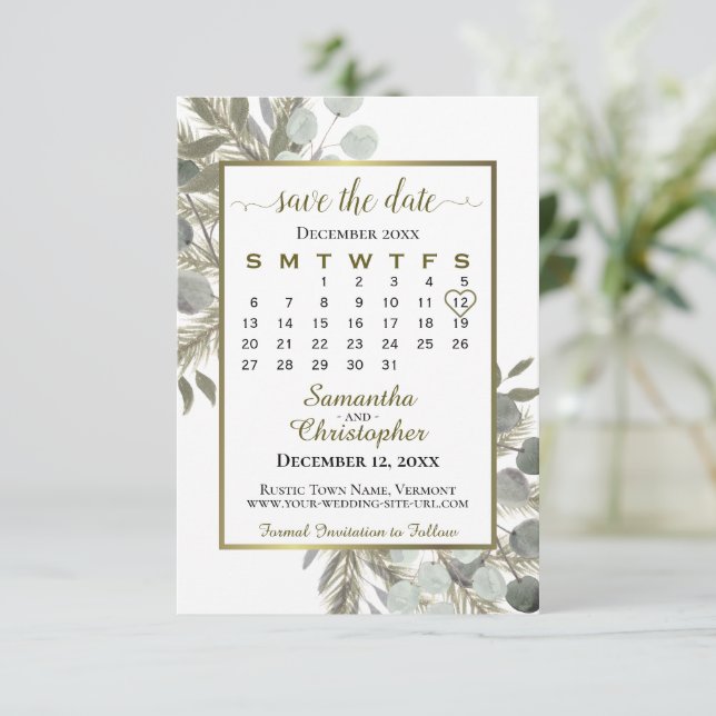 Eukalyptus Pine Calendar Wedge Rustic Watercolor Save The Date (Stehend Vorderseite)