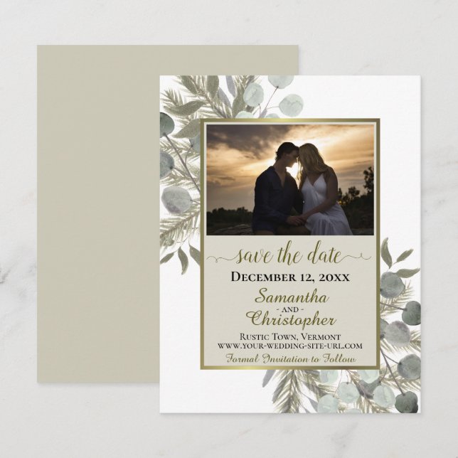 Eukalyptus & Pine mit Foto Taupe Wedding Save The Date (Vorne/Hinten)