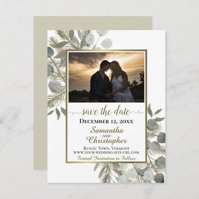 Eukalyptus & Pine mit Foto White Wedge Save The Date (Vorne/Hinten)