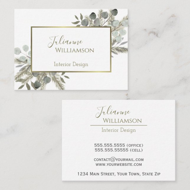 Eukalyptus & Pine Sage Green & Gold Visitenkarte (Vorne/Hinten)