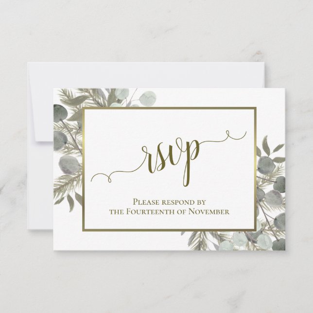 Eukalyptus & Pine Sage Green & Gold Wedding RSVP Karte (Vorderseite)