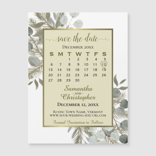 Eukalyptus Pine Save the Date Kalender Gold Magnet (Vorderseite)