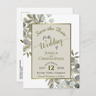 Eukalyptus & Pine Taupe Hochzeit Sichern Datum Ankündigungspostkarte