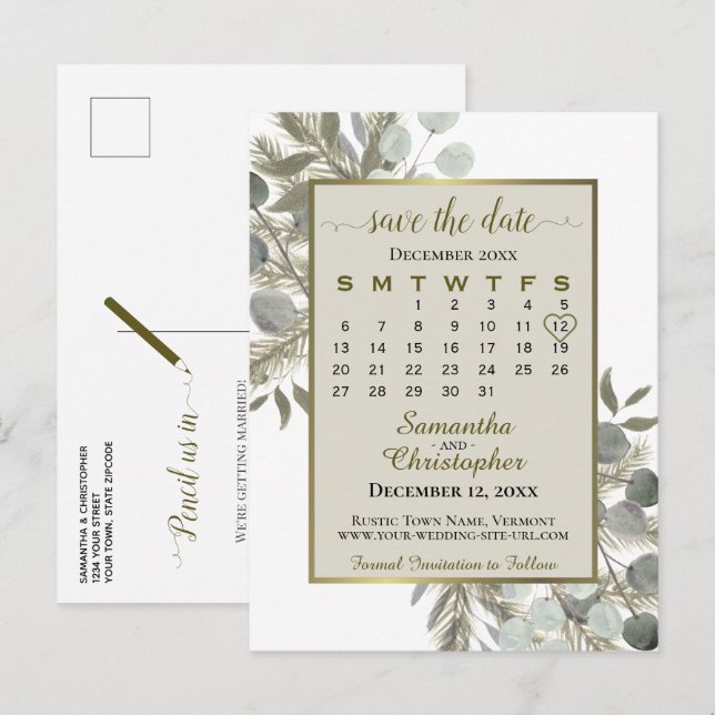 Eukalyptus & Pine Taupe Tan Save the Date Kalender Ankündigungspostkarte (Vorne/Hinten)