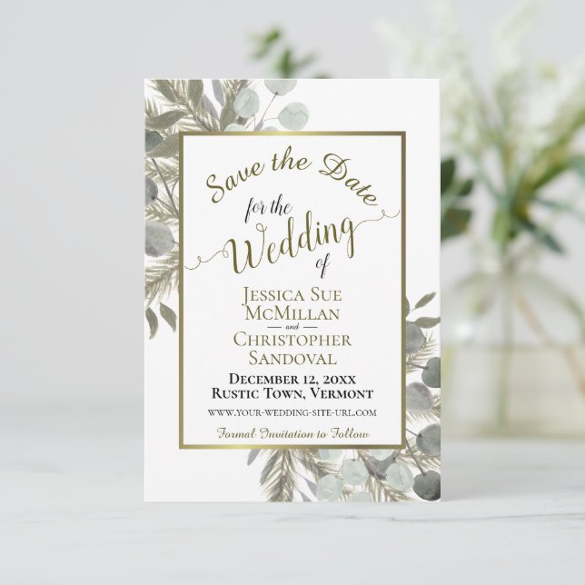 Eukalyptus & Pine Wedding Save The Date (Stehend Vorderseite)