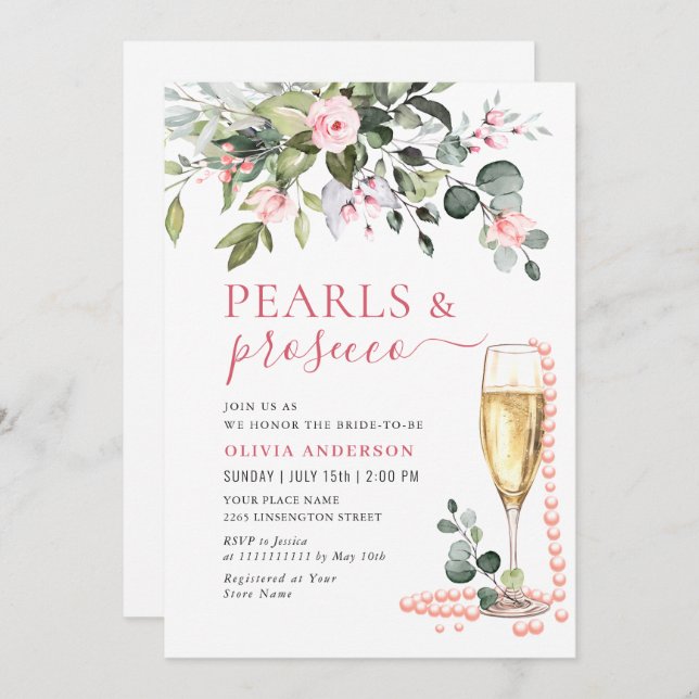 Eukalyptus Pink Blume PEARLS & Prosecco Einladung (Vorne/Hinten)
