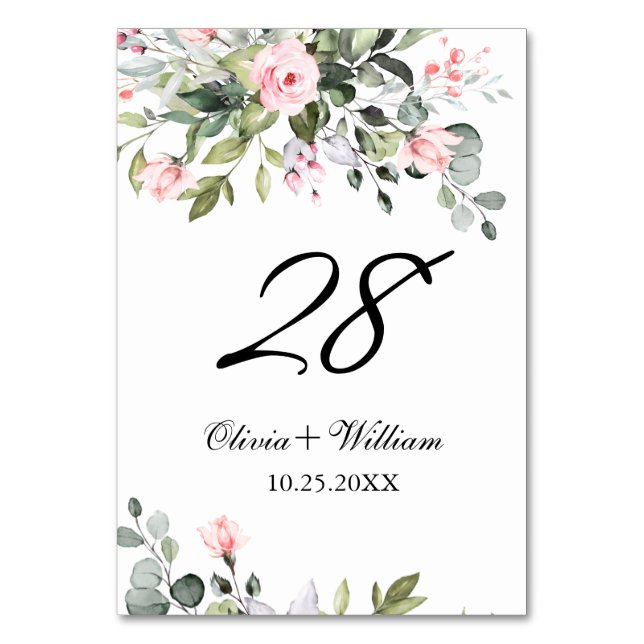 Eukalyptus Pink Blush Rose Hochzeit Tischnummer (Vorderseite)