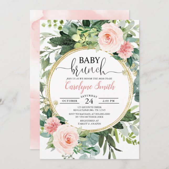 Eukalyptus Pink Gold Brunch Baby Shower Girl Einladung (Vorne/Hinten)