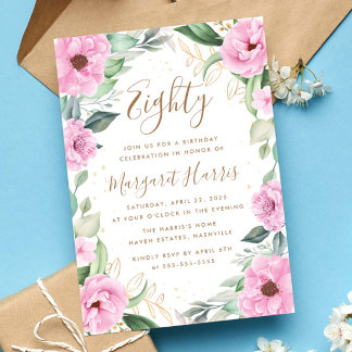 Eukalyptus Pink Gold Floral 80. Geburtstag Einladung