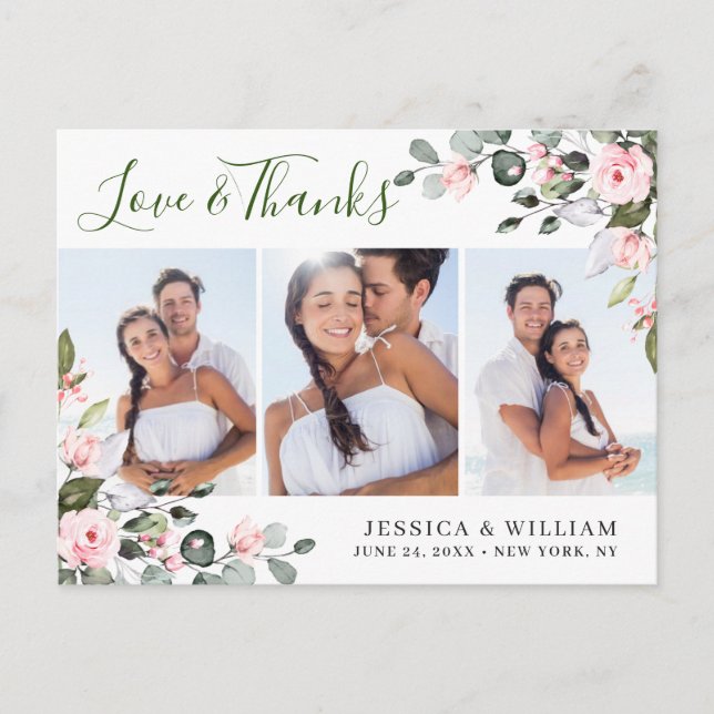 Eukalyptus Pink Roses Wedding 3 Foto Vielen Dank Postkarte (Vorderseite)