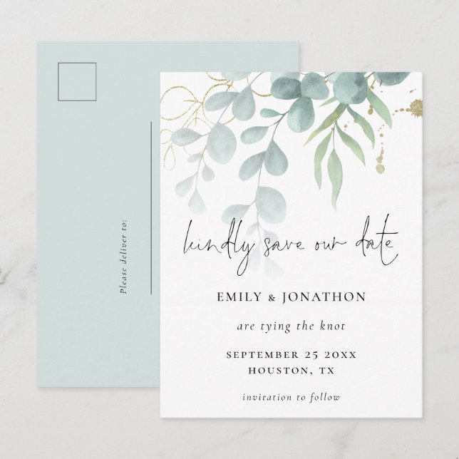 Eukalyptus Powder Blue Gold Script Save the Date Einladungspostkarte (Vorne/Hinten)