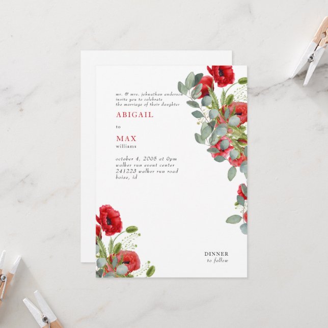 Eukalyptus Red Floral Wedding Einladung (Vorderseite/Rückseite Beispiel)