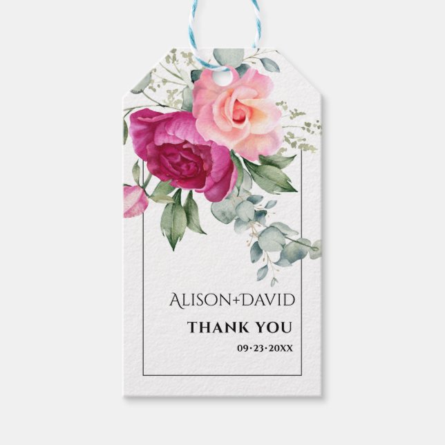 Eukalyptus, Rosa-Blume-Hochzeit Geschenkanhänger (Vorderseite)