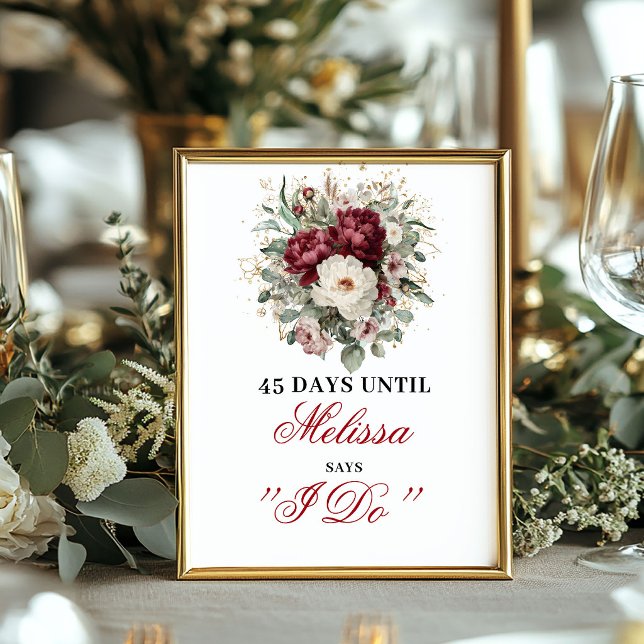 Eukalyptus-Rosa-Burgunder-Countdown-Tischschild Poster (Eucalyptus Blush Burgundy Countdown Tabletop Sign)
