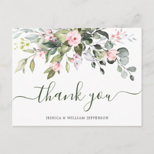 Eukalyptus-Rosa-Rosen Hochzeit Danke Postkarte