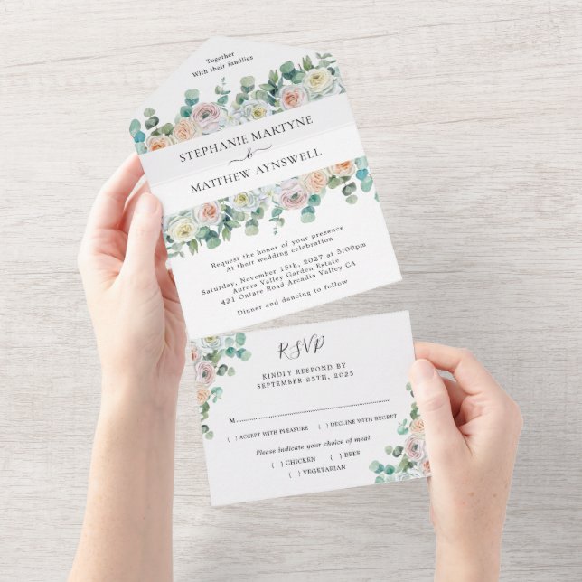 Eukalyptus-Rose All In One Einladung (Abreißen)