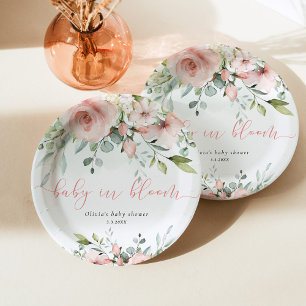 Eukalyptus-Rosé-Blüten-Babyshower für das Baby in Pappteller
