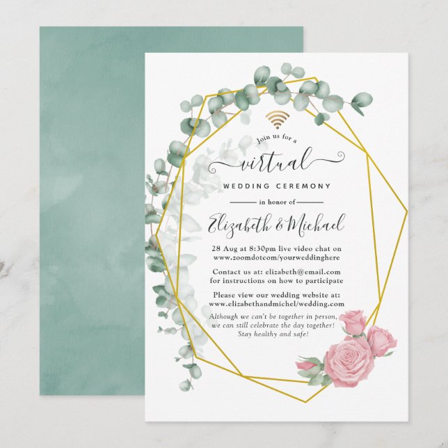 Eukalyptus Rose Geometric Online Virtual Wedding Einladung (Vorne/Hinten)