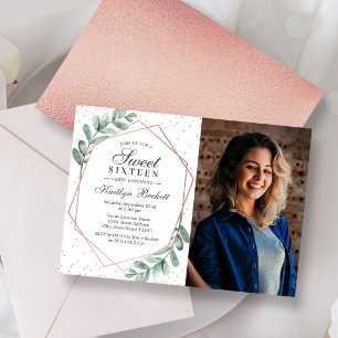 Eukalyptus Rose Gold Geometric 16 . Geburtstag Fot Einladung