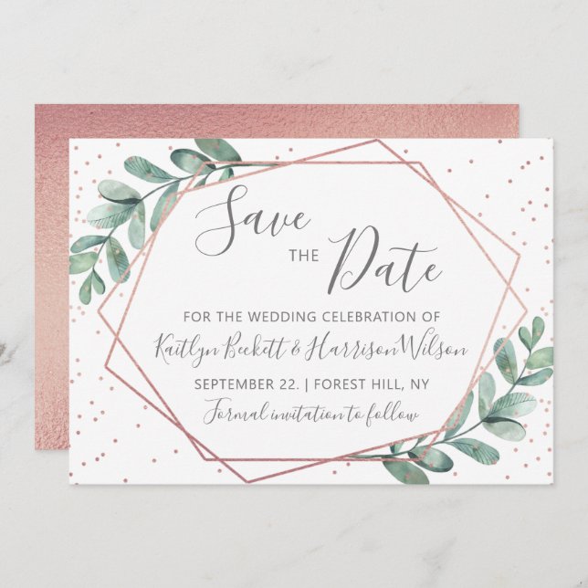 Eukalyptus Rose Gold Geometric Wedding Save The Date (Vorne/Hinten)