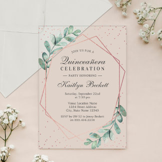 Eukalyptus Rose Gold Quinceñera 15. Geburtstag Acryleinladungen
