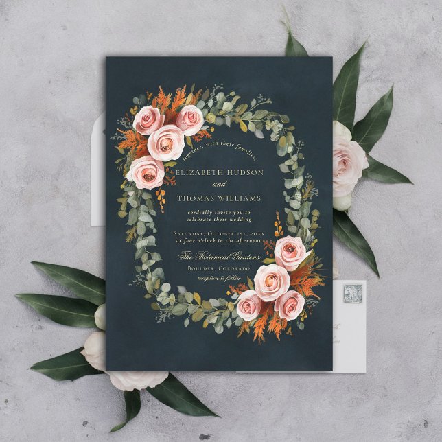 Eukalyptus-Rose Kupferdraht-Rahmen-Hochzeit im Her Einladung (fall wedding invitation botanical wreath roses eucalyptus elegant formal modern classic copper green)