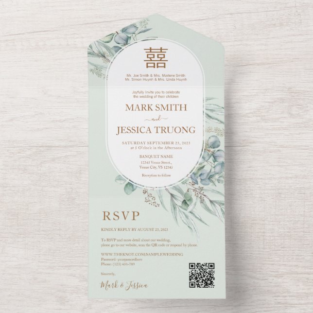 Eukalyptus Round-Frame-Chinesische Hochzeit All In One Einladung (Innen Boden)