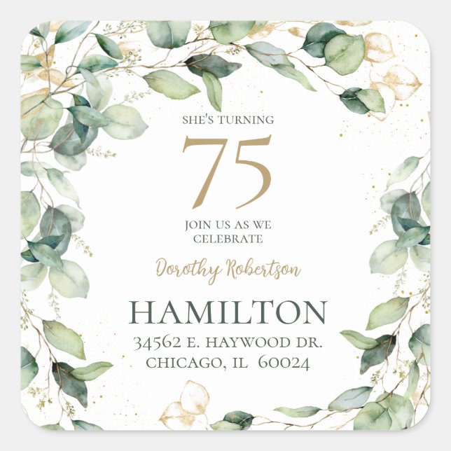 Eukalyptus-Rücksendeadresse zum 75. Quadratischer Aufkleber (Vorderseite)