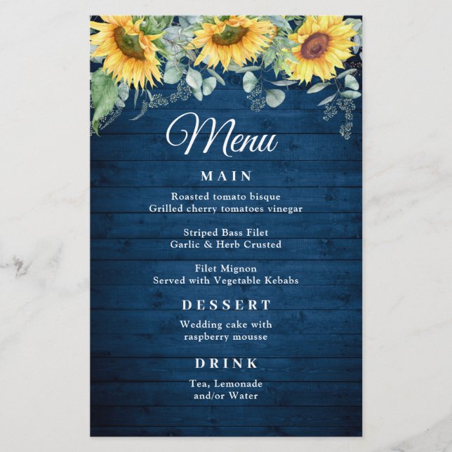 Eukalyptus Rustic Blue Wood Wedding Menu (Vorderseite)