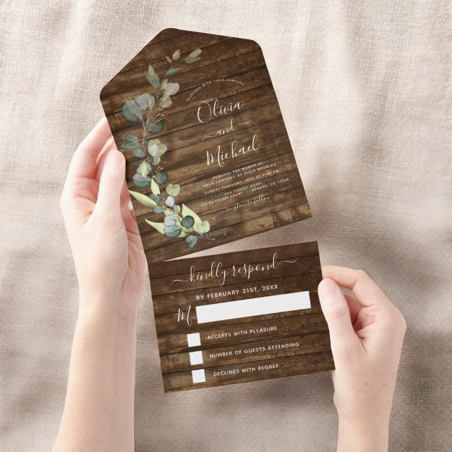 Eukalyptus Rustic Country Wood Wedding RSVP All In One Einladung (Von Creator hochgeladen)