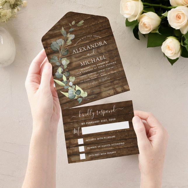 Eukalyptus Rustic Country Wood Wedding RSVP All In One Einladung (Von Creator hochgeladen)