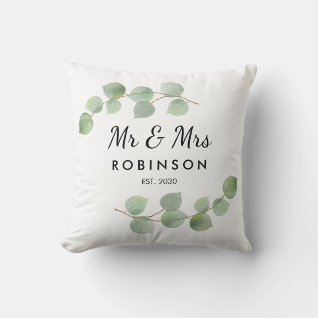 Eukalyptus Rustic Modern Mr. and Mrs Wedding Gift Kissen (Vorderseite)