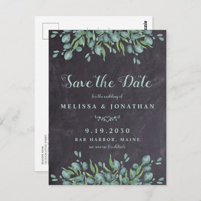Eukalyptus Rustic QR Code Wedding Save the Date Postkarte (Vorne/Hinten)