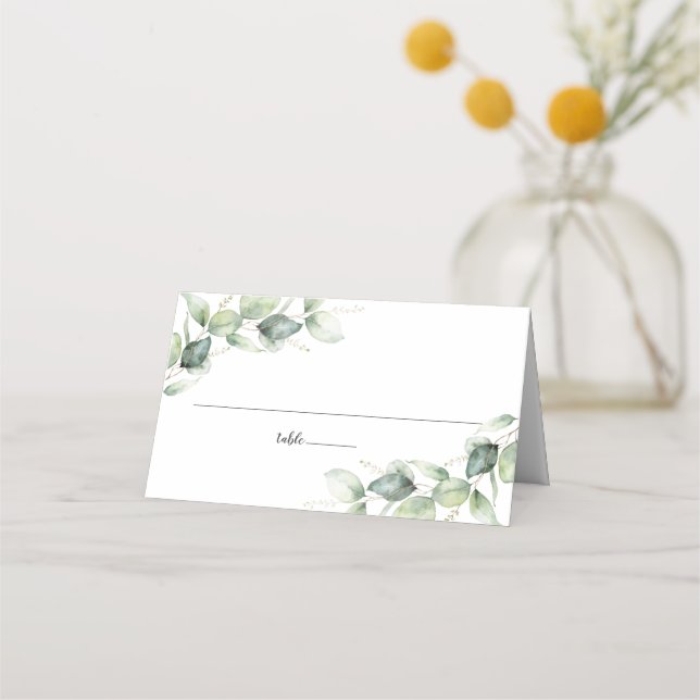 Eukalyptus Rustic Script Greenery Wedding Table Platzkarte (Vorderseite)