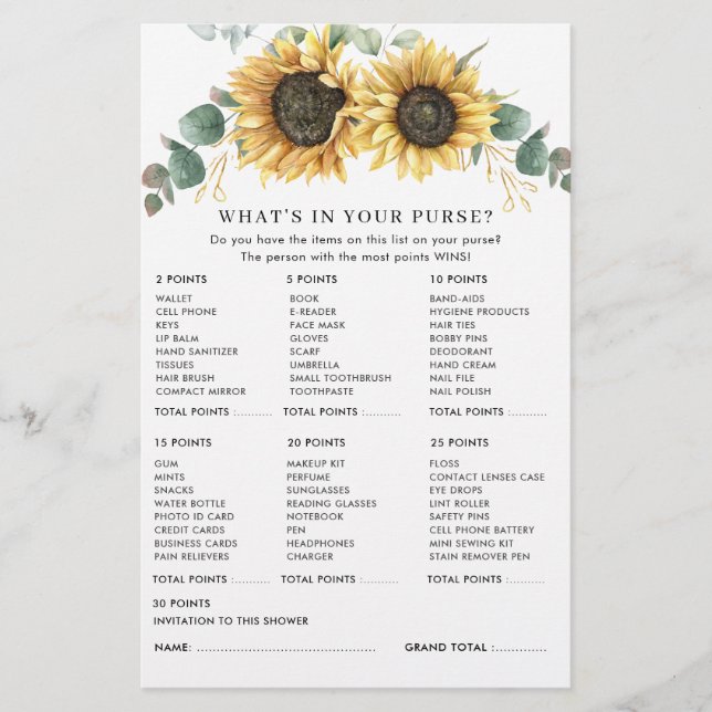 Eukalyptus Rustic Sunflower Brautparty Game Briefpapier (Vorderseite)